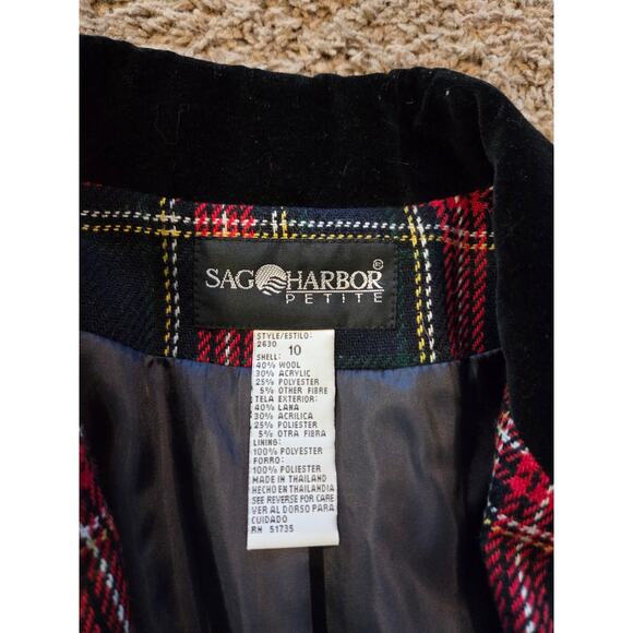 Vtg blazer sag harbor tartan plaid wool blend velvet holiday red green 10P - Picture 4 of 6